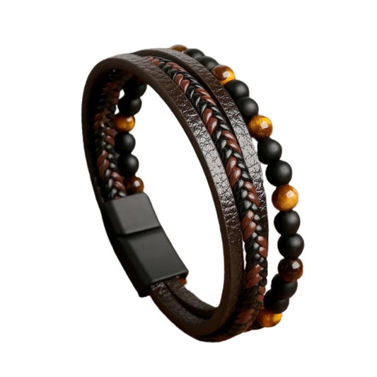 Pulseira de Couro Multicamada Tiger Eye - Ezzure